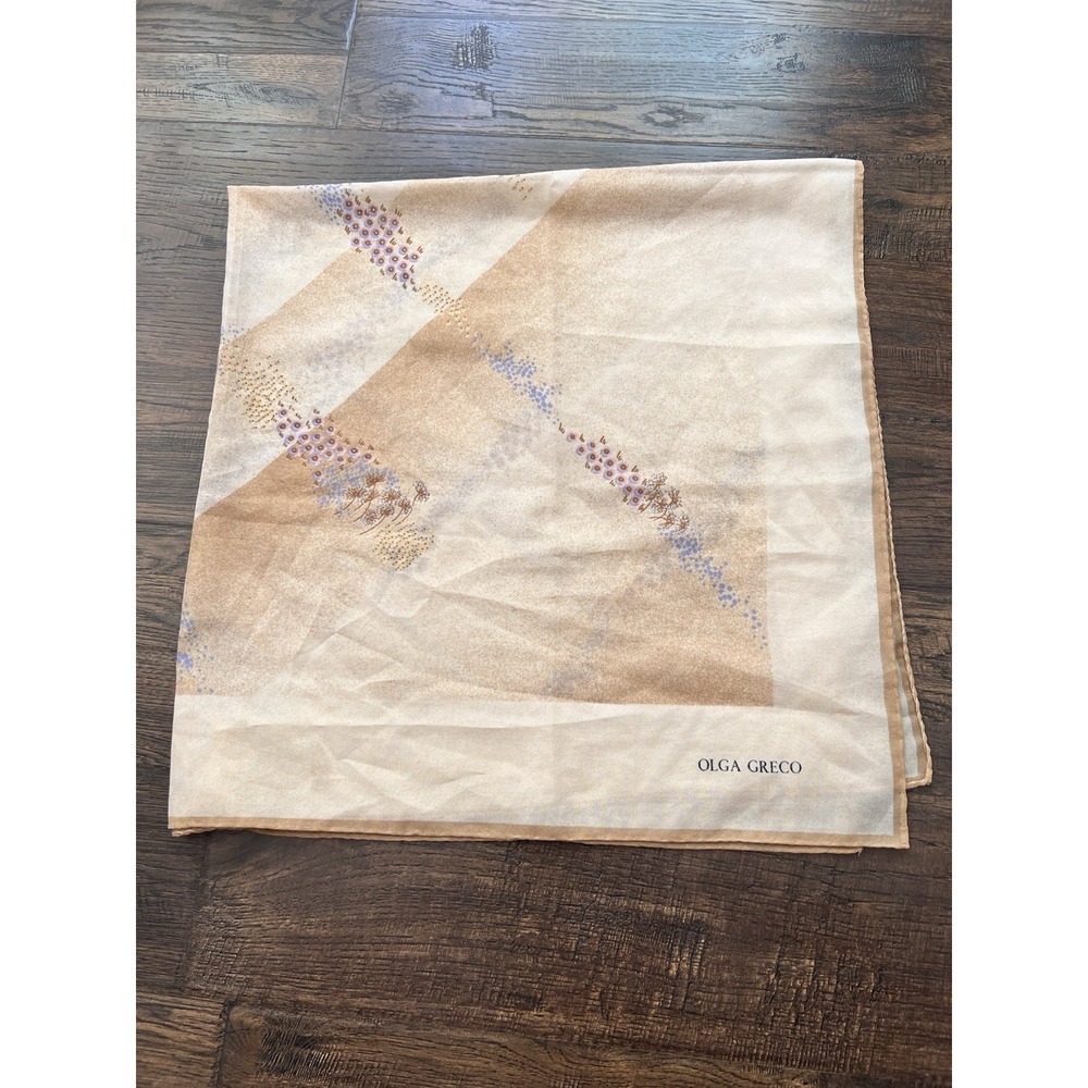 OLGA GRECO VTG 80s RETRO Art Design SCARF‎ 33x33" Tan Beige Sheer  Field Flowers